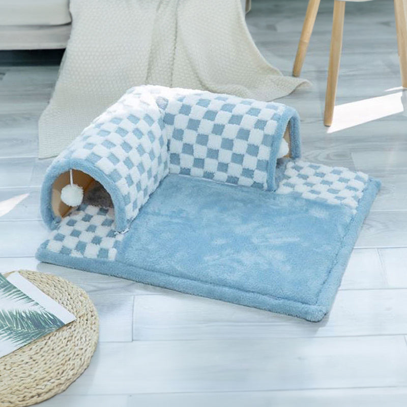 2-in-1 Funny Plush Plaid Checkered Cat Tunnel Bed