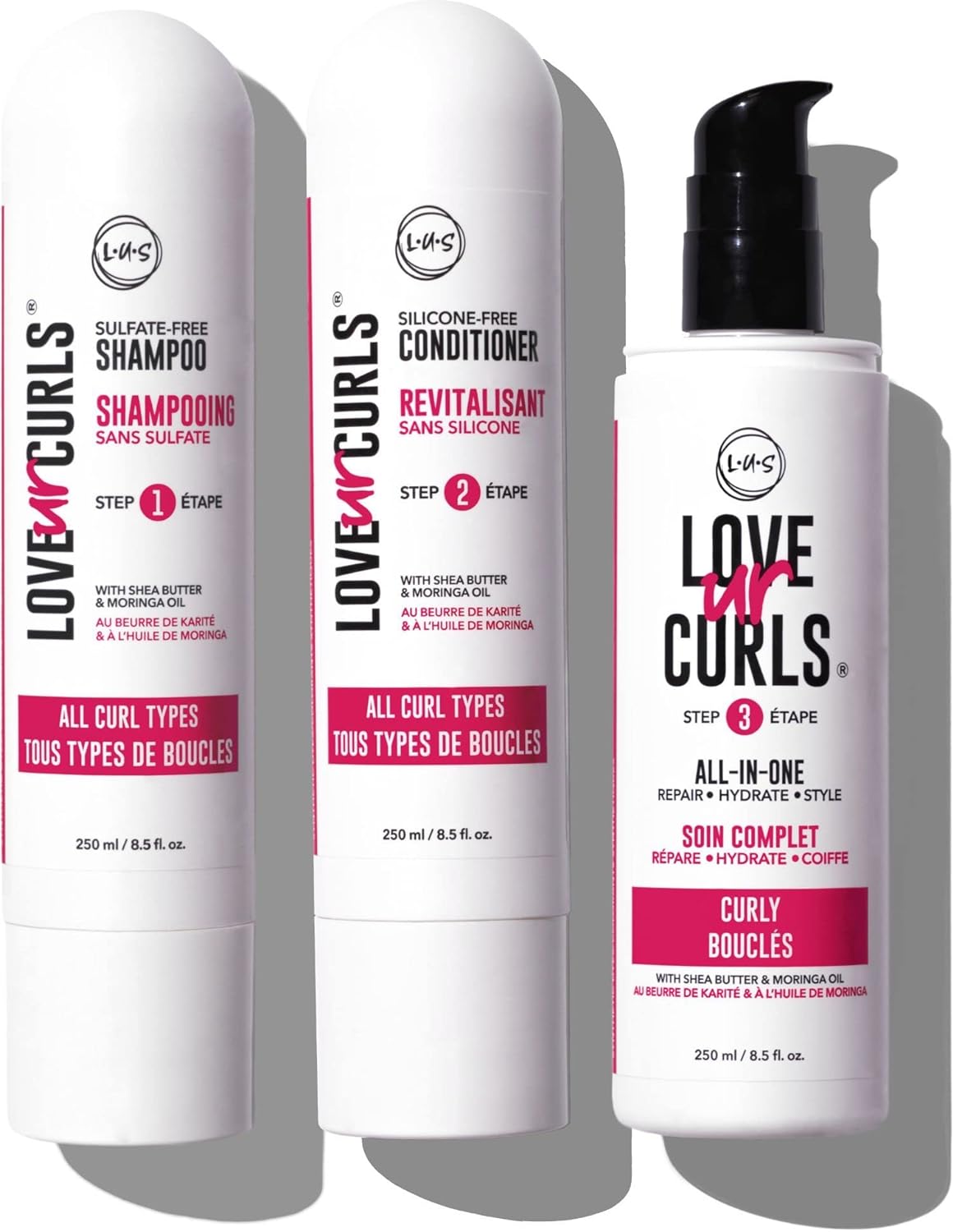 LUS Brands Love Ur Curls for Curly Hair, 3-Step System - Shampoo and Conditioner Set with All-in-One Styler - LUS Curls Hair Products - No Crunch, Nonsticky, Clean - 8.5oz each